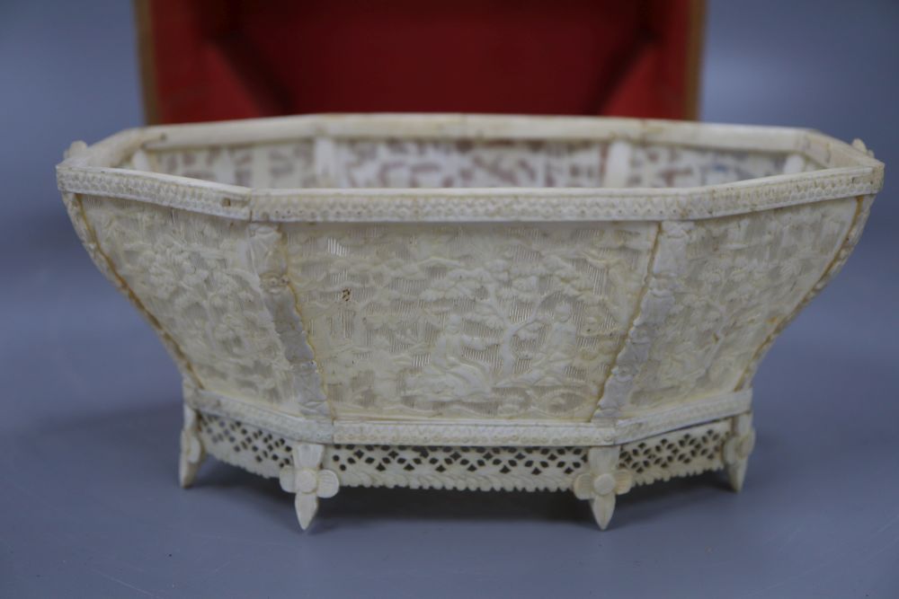 A Chinese ivory basket, boxed, width 11cm height 8cm